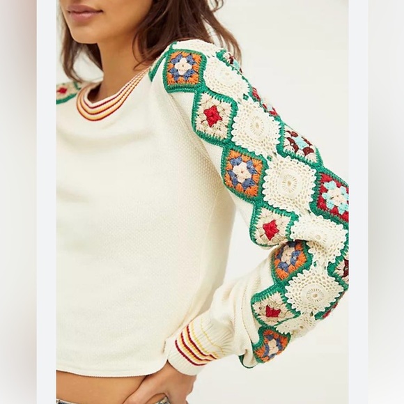 We The Free Crochet Granny Square Sleeve Boho Top Size Large - Picture 1 of 12